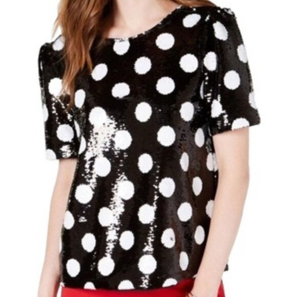 J. Crew Black Polka Dot Sequin Short Sleeve Blouse - Picture 3 of 6